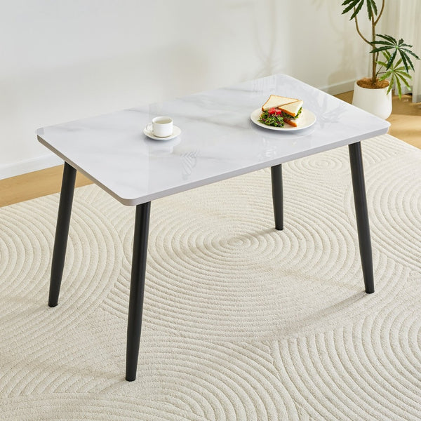 English Elm Modern Marble Look Tempered Glass Dining Table Seats Six with Tapered Black Metal Legs W1151S04621