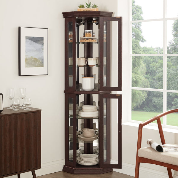 English Elm Lighted Corner Curio Cabinet - Elegant Glass Display With Adjustable Shelves & Ambient Lighting - Dark Cherry W1758P300130