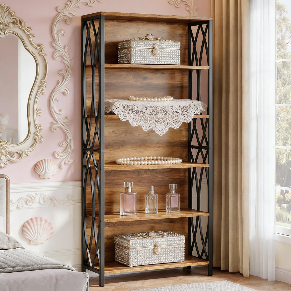 English Elm Storage Bookshelf with Vine Panel Design Seven Open Tiers for Living Room or Office T3971P461081