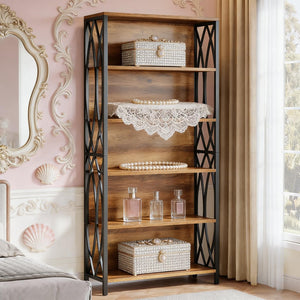 English Elm Storage Bookshelf with Vine Panel Design Seven Open Tiers for Living Room or Office T3971P461081