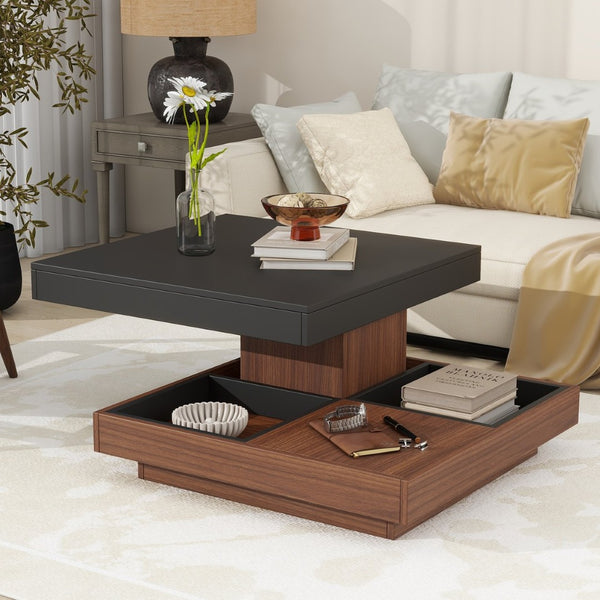 English Elm On-Trend Modern Square 360° Rotating Coffee Table With 3 Detachable Trays & Storage For Living Room N721P191981B-GIGA