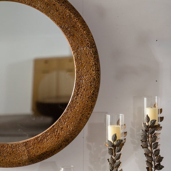 English Elm 31.3" Gold Iron Round Mirror Ribbed Texture Rivets Bohemian Accent for Bedroom W3158P407138