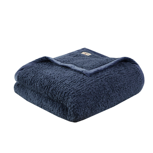 JLA Home Woolrich - Berber Plush Woolrich Burlington Blanket with OEKO-TEX Soft Berber Texture and Velvet Binding for Cozy, Safe Comfort Navy WR51-2547