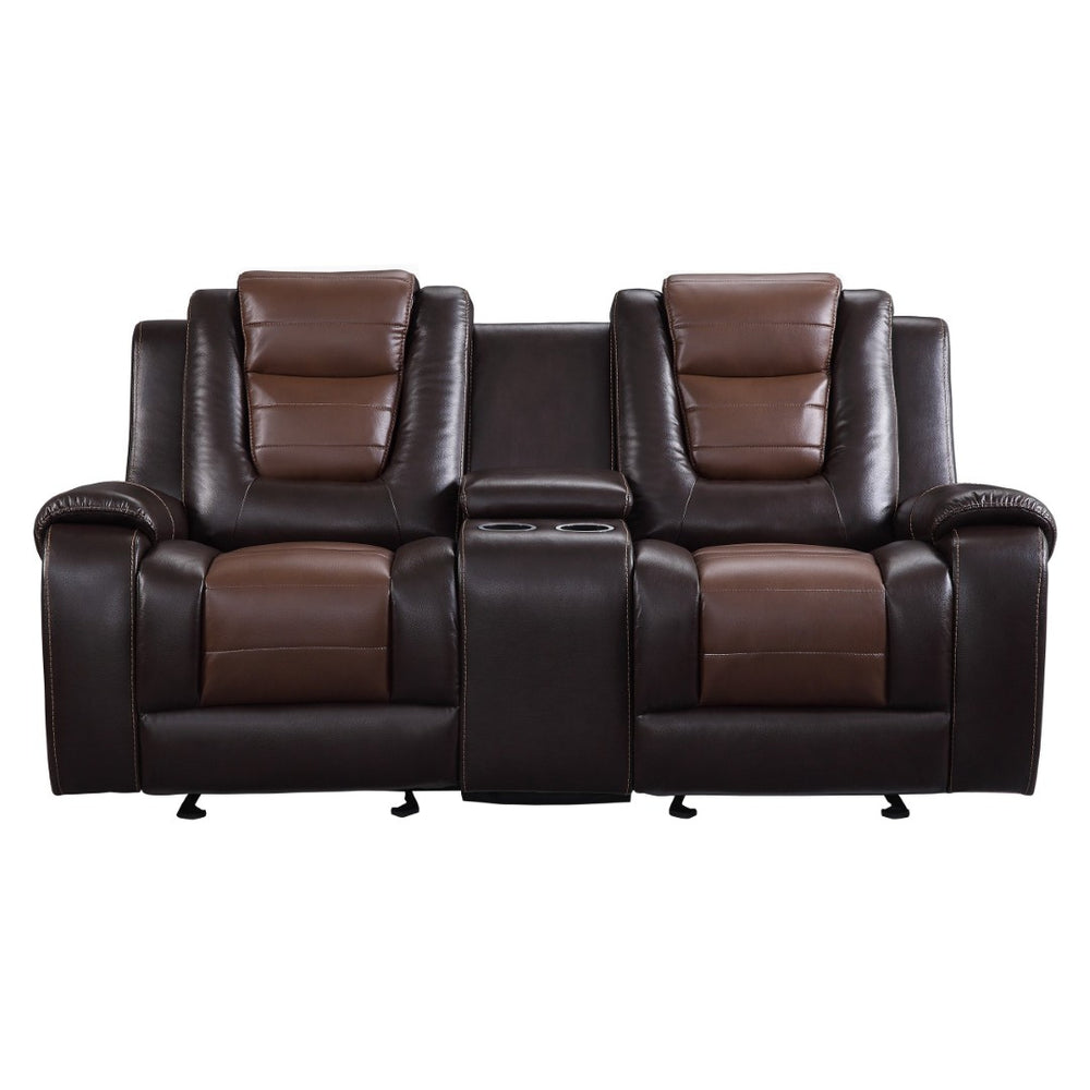 English Elm Modern Faux Leather Glider Reclining Loveseat with Console Two-tone Brown Seating B011P228565