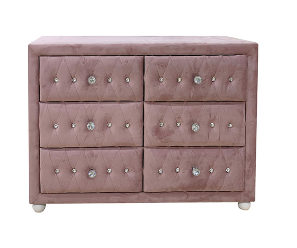 English Elm Reggie Pink Fabric Dresser with 6 Spacious Drawers, Upholstered Soft Fabric, Durable Wood Blend, 70lb Top Capacity, Smooth Metal Glide, Dovetail Construction, Safety Stop Included B2726P286648