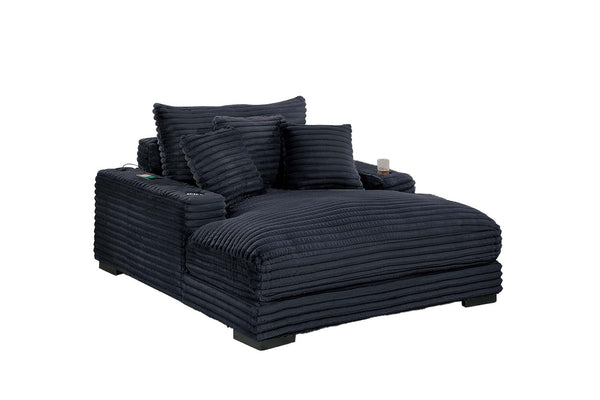 English Elm Modern Fur-Like Jumbo Corduroy Chaise Lounge with Cup Holders USB Port Plush Pillows Wooden Legs Black 59 L x 21 W x 68 H B011P396711