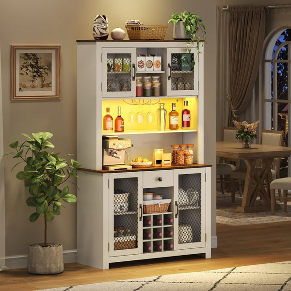 English Elm 70.9" Farmhouse Hutch Pantry with Led Lighting Wine Rack Mesh Doors and Built-in Power White CH361426AAK