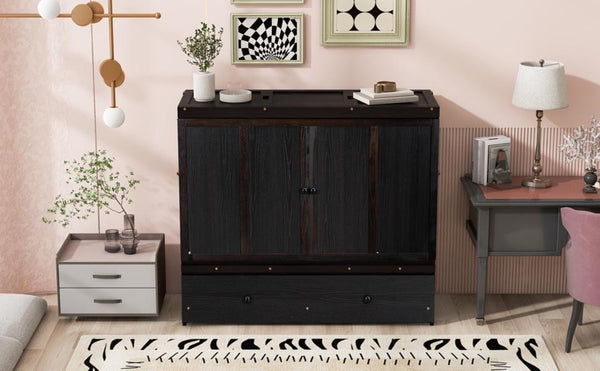 English Elm Full Size Wall Murphy Bed Cabinet with Storage Drawer and Built-in Usb Charging Espresso N708P205903P