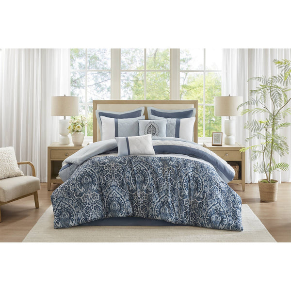 JLA Home 510 Design - 8 Shawnee Comforter Set with Damask Quilting, Navy Euro Shams, Embroidered Pillows & Bed Skirt 92 L x 104 W x 1.5H 5DS10-0256