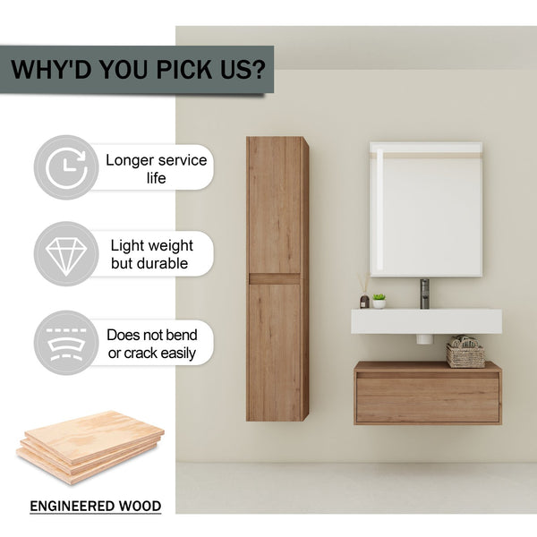 English Elm 30 Inch Wall-Mounted Bathroom Vanity Set With Resin Sink, Soft-Close Drawers & Storage Cabinets W999S00268