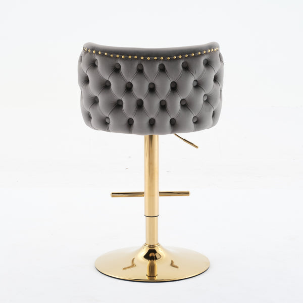 English Elm A&A Luxe Velvet Swivel Barstool with Gold-Plated 17.7" Base, Tufted Back, Ergonomic Waist Support Gray W1143P204046