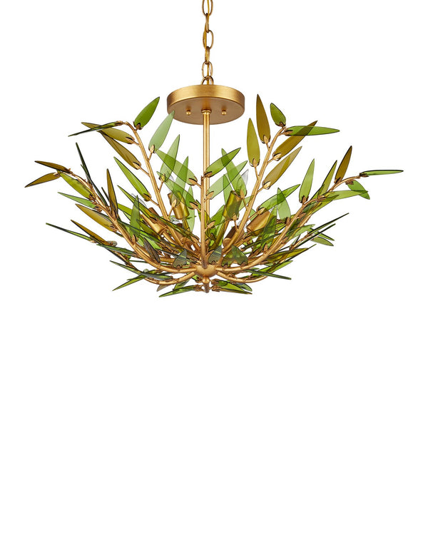 Currey & Company Babylon Chandelier - Elegant Bowl Design With Recycled Glass Leaves In Contemporary Gold Finish Green Recycled Bottle Glass ,Wrought Iron 9000-1309-currey-company