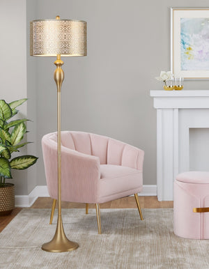 English Elm 63" Gold Steel Floor Lamp with Laser Cut Shade and Linen Liner for Glam Living Rooms B202P223987