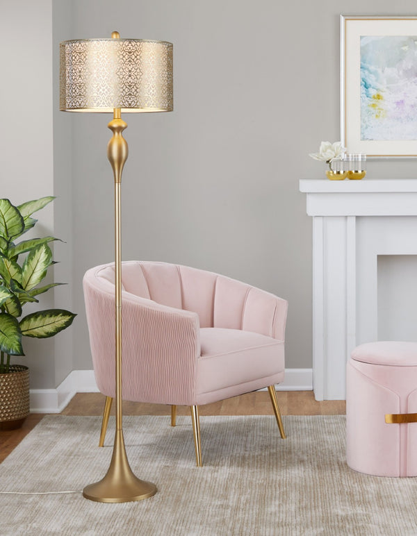 English Elm 63" Gold Steel Floor Lamp with Laser Cut Shade and Linen Liner for Glam Living Rooms B202P223987