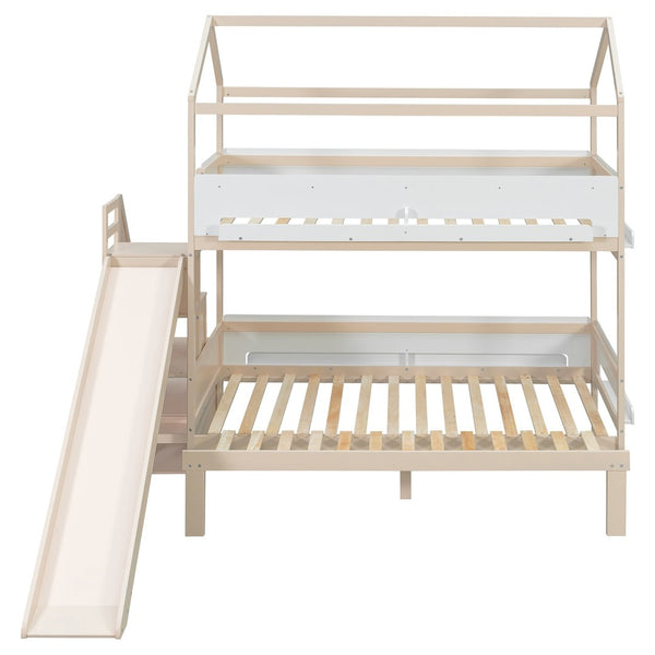 English Elm House-shaped Pine Bunk Bed with Built-in Slide Storage Staircase Twin Over Full Kids Frame Beige+White N820S00082A