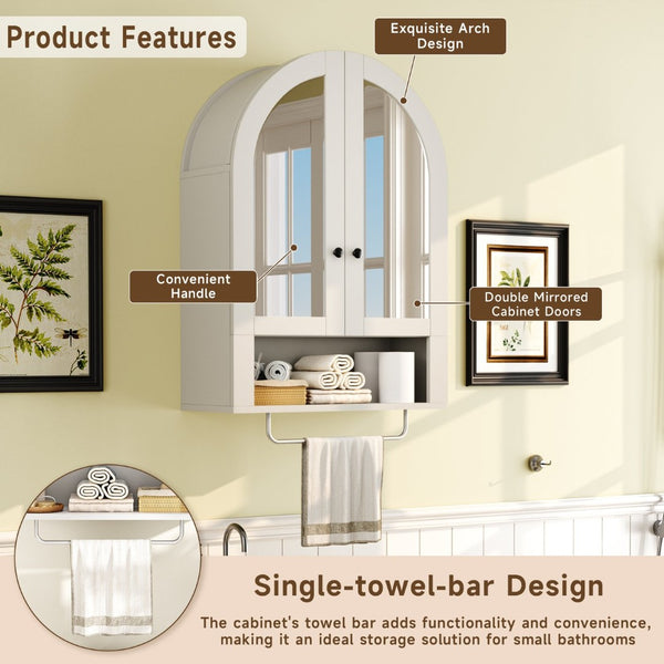 English Elm Wall Mounted Arched Cabinet Tempered Glass Doors Led Lighting Adjustable Shelves Bathroom White T3210P471556