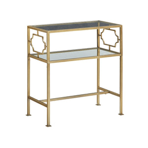 English Elm Grifton Two-Tier Rectangular Accent Table in Antique Gold Metal with Tempered Glass Shelves, 26.5" L B050P364437