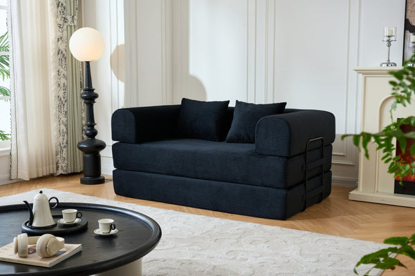 English Elm 59'' Corduroy Floor Sofa Convertible Sleeper with Bolster Pillow for Studio Living Black W3434P449858