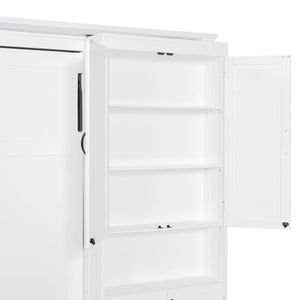 English Elm Full-size Murphy Wall Bed with Sliding Cabinets and Twelve Open Shelves for Studios White LP000919AAK
