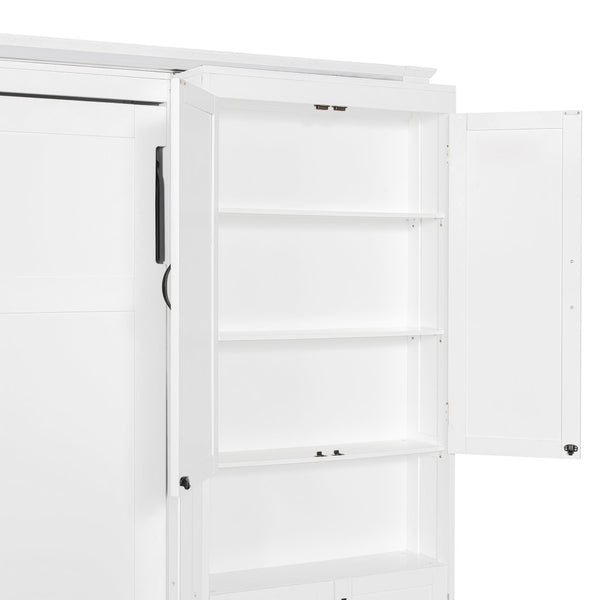English Elm Full-size Murphy Wall Bed with Sliding Cabinets and Twelve Open Shelves for Studios White LP000919AAK