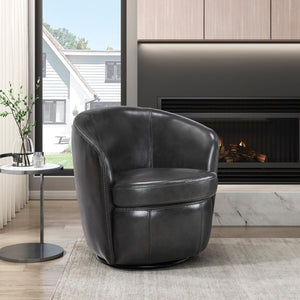 English Elm Luxury Top Grain Leather Swivel Barrel Chair with Solid Wood Frame, 360° Rotation, Removable Cushion Cover, No Assembly Required Smoke Grey 32 L x 30 W x 33.5 H B011P308556