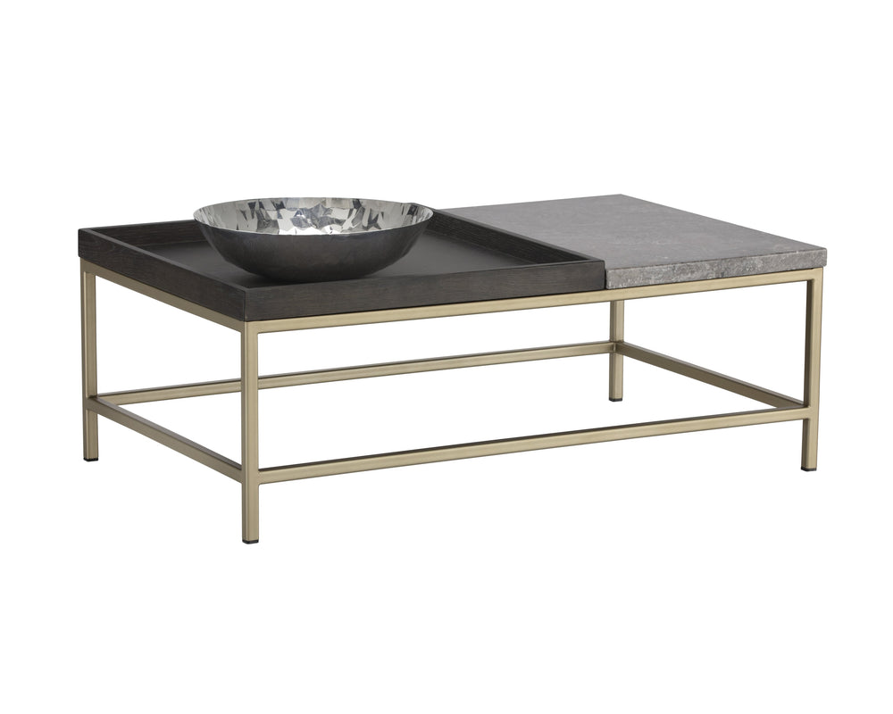 Sunpan Arden Rustic Coffee Table with Grey Marble Top, Solid Oak Tray, and Sleek Gold Iron Frame, 39.5"