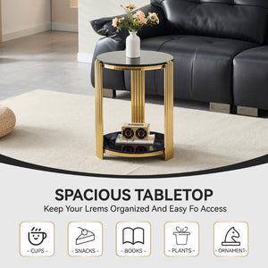 English Elm 16.9inch Round End Table Dual Tier Black Tempered Glass Gold Steel Frame Modern Accent W3357P395504