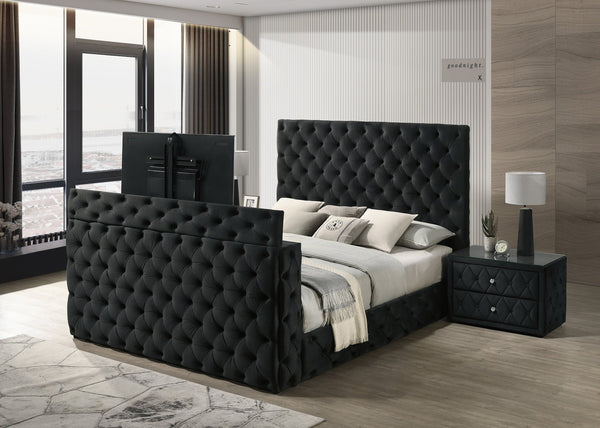 English Elm 1Pc Luxurious King Size Bed With Tv Lift, Deep Tufted Black Velvet & Nailhead Trim For Stylish Storage B2741S00123