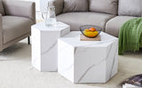 English Elm Modern Minimalist Style Hexagonal White Marble Patterned Mdf Coffee Table Set (Two-Piece Set) .Complex Texture Patterns, Style and Texture Coffee Table To Redefine Your Interior Decoration.