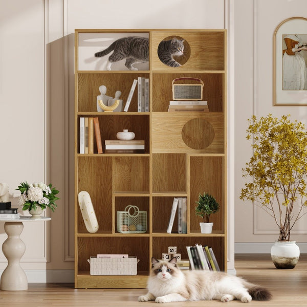 English Elm Modern Wood Grain Bookshelf Cat Habitat with Climbing Cubbies for Living Room Natural N752P395027N
