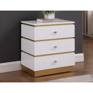 English Elm Living Room End Table Modern White Lacquer with 3 Removable-Handle Drawers & Brushed Gold Base B011P356300