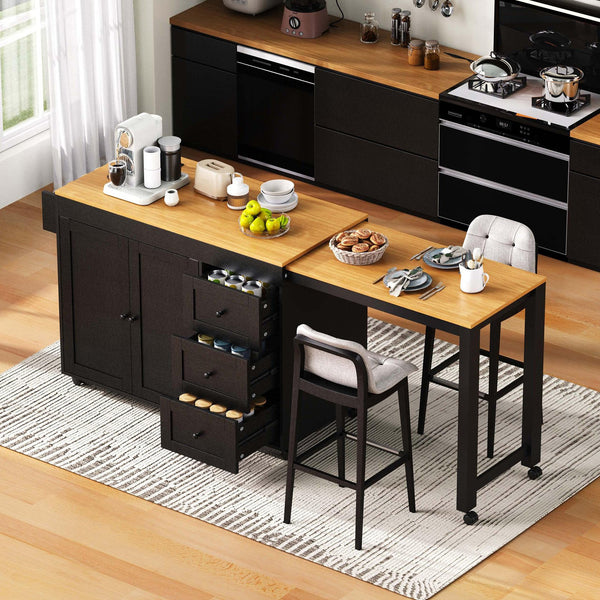 English Elm K&K 43.3" Kitchen Island with 27.6" Extendable Dining Table, Power Outlet, 7 Wheels, Ample Storage Black N707P303401B