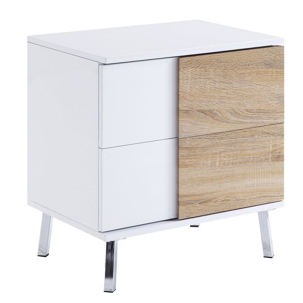 English Elm White White High Gloss and Natural End Table with 2 Drawers, Soft-Close Safety Stops, Modern Chic Storage B062P186486