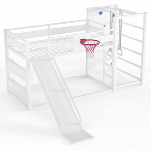English Elm Twin Metal Loft Bed with Slide Basketball Hoop Climbing Wall and Built-in Shelves White W1580S00633