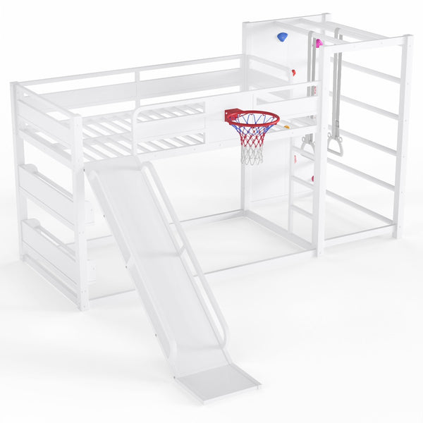 English Elm Twin Metal Loft Bed with Slide Basketball Hoop Climbing Wall and Built-in Shelves White W1580S00633