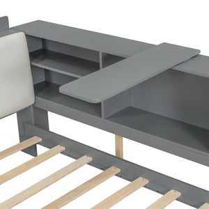 English Elm Wood Full Size platform bed with storage headboard, built-in shelves and drawers, sturdy pine frame, compact solution for small rooms Gray GX002054AAE