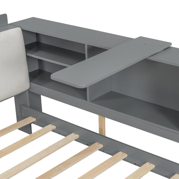 English Elm Wood Full Size platform bed with storage headboard, built-in shelves and drawers, sturdy pine frame, compact solution for small rooms Gray GX002054AAE