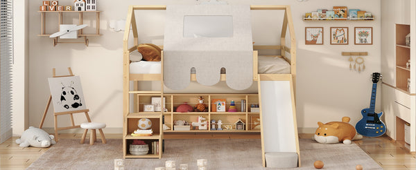 English Elm Full Size Kids House Loft Bed Pinewood Frame with Tent Slide and Play Storage Natural LT000683AAD