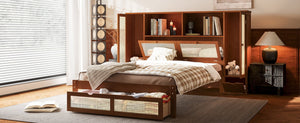 English Elm Twin Multifunctional Bed with Rattan Headboard Storage, Drawer & Shelves — Space-Saving Pine Design Walnut 50.4 L x 19.8 W x 5.5 H N733S241280D