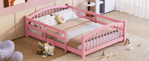 English Elm Full Montessori Pine Wood Floor Bed with Safety Rails Low Profile Kids Room Frame Pink N733P400299H