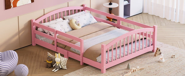 English Elm Full Montessori Pine Wood Floor Bed with Safety Rails Low Profile Kids Room Frame Pink N733P400299H