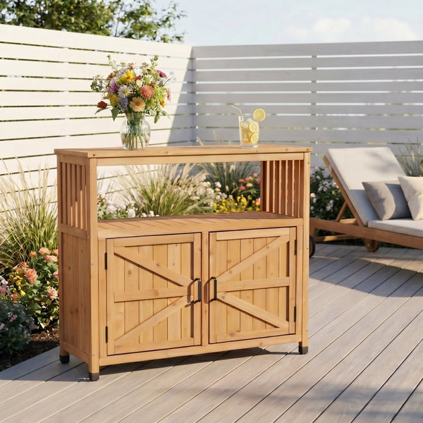 English Elm Wooden Solid Bar Height Buffet Cabinet with Slatted Panels for Patio or Dining Room W2640P330336