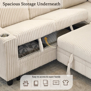 English Elm L-shaped Sectional Sleeper Sofa with Hidden Storage Usb Charging Corduroy Upholstery Beige W1998S00093