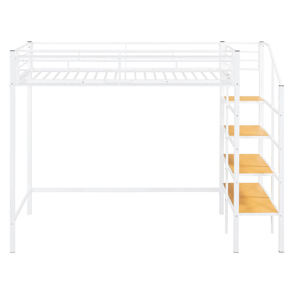 English Elm Twin Metal Loft Bed with Upper Grid Storage Shelf and 4-Layer Ladder Shelves for Space Saving White SF100081AAK