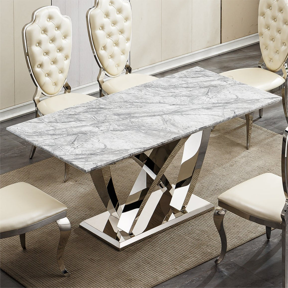English Elm Marble Dining Table For 6 - Modern 74.8" Rectangle Faux Marble Top With Chrome Base, Easy Care W3456S00051