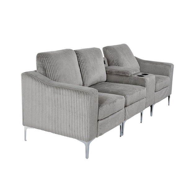 English Elm Convertible Corduroy Sectional Sofa With Usb & Cupholders – Modern 3-Seater In Gray For Comfort W3098S00029