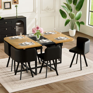 English Elm 7-piece Modern Dining Set with Two-tone Wood Table and Six Black Pu Leather Chairs W3875S00123