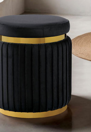 English Elm Black Round Velvet Accent Stool 15"W x 18"H — Pleated Contemporary Ottoman with Gold Trim Base, Plush Elegance B2741P388360