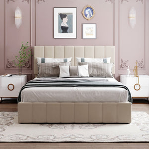 English Elm Queen Linen Upholstered Platform Bed with Hydraulic Lift Storage and Padded Headboard N708P201552A