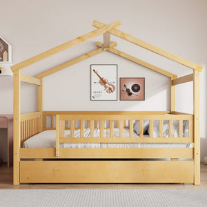 English Elm Full Size Pine House Bed with Roofline Frame and Roll Out Twin Trundle for Kids Natural LP100306AAN